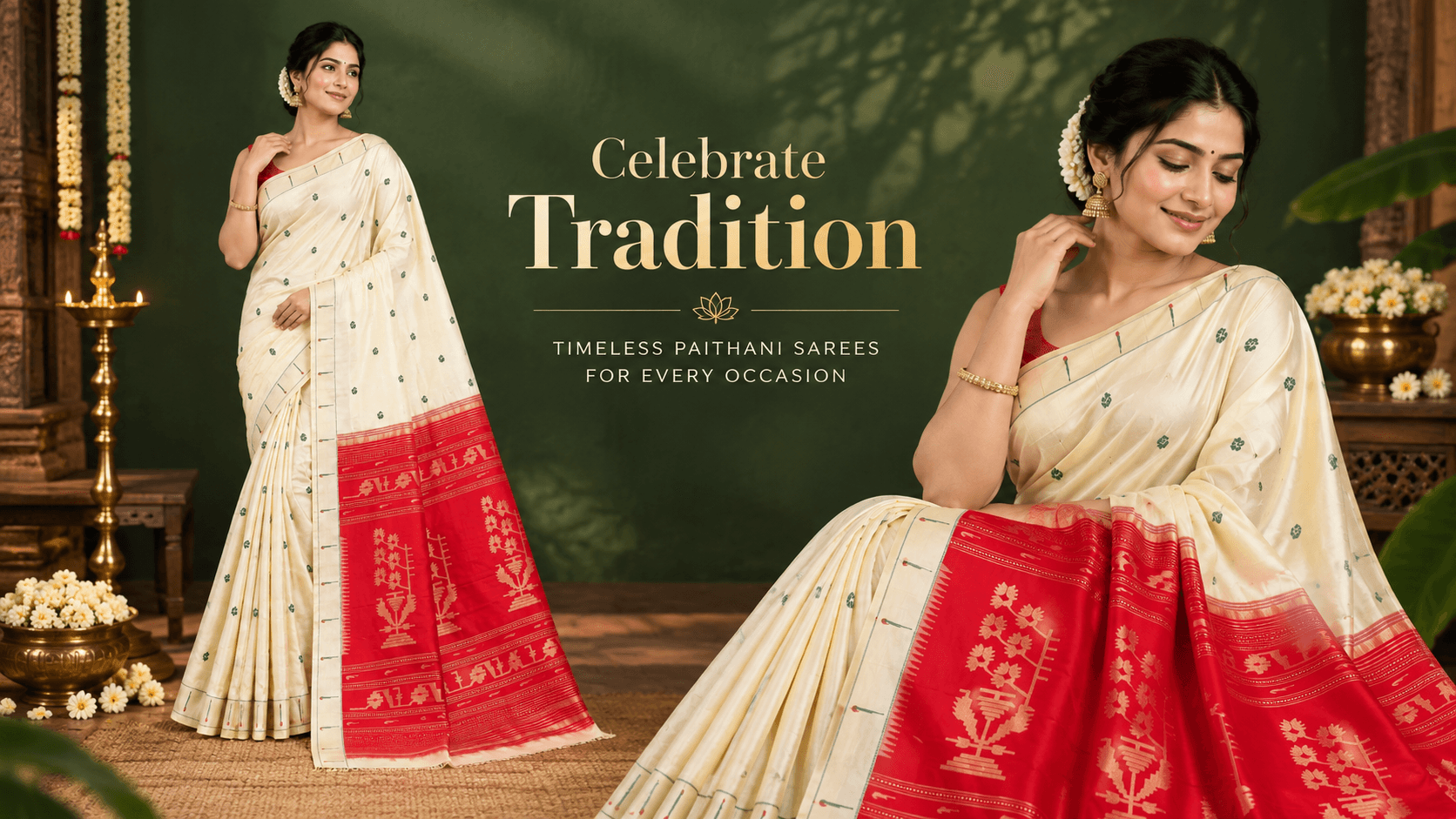 Ivory Paithani saree with red pallu against a green wall — Celebrate Tradition: timeless Paithani sarees for every occasion