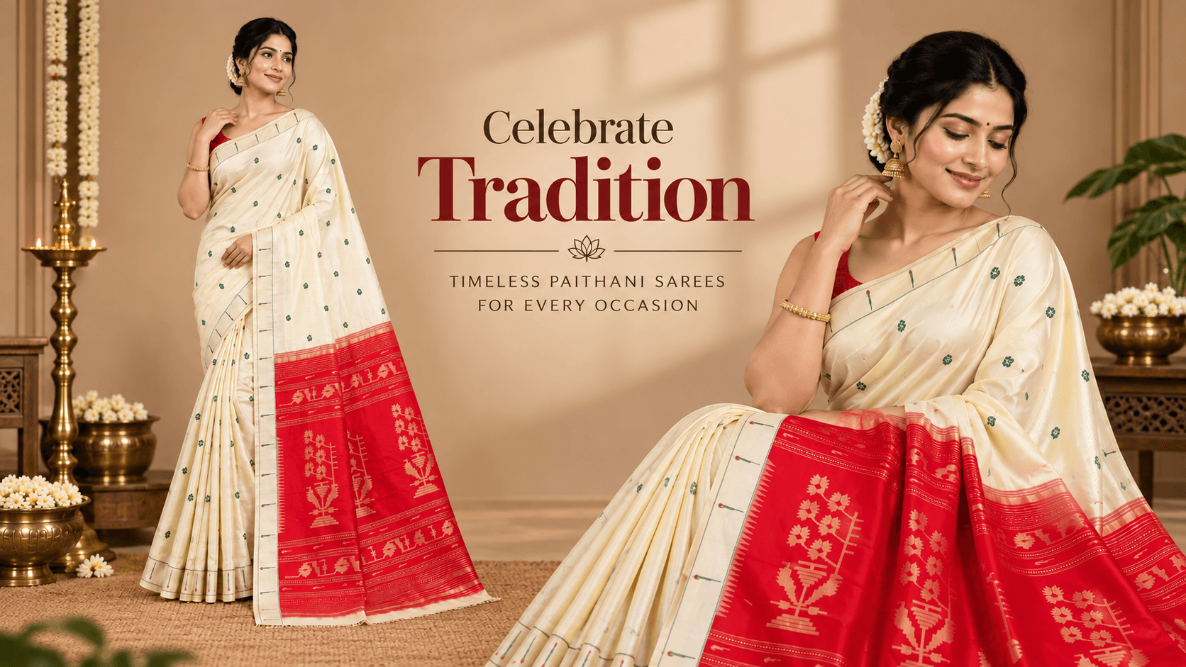 Ivory Paithani saree with red pallu against a warm beige wall — Celebrate Tradition: timeless Paithani sarees for every occasion